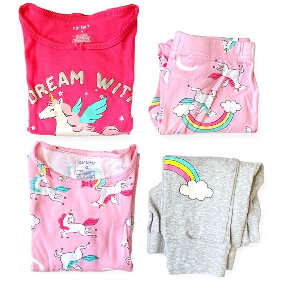 CARTER'S Pajamas Long Sleeve PJs Size 4 Girls Set of 2 Pairs Unicorn Rainbows - Picture 2 of 10